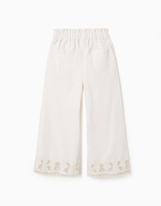 Pantalón de algodón wide leg con flores bordadas para niña, blanco