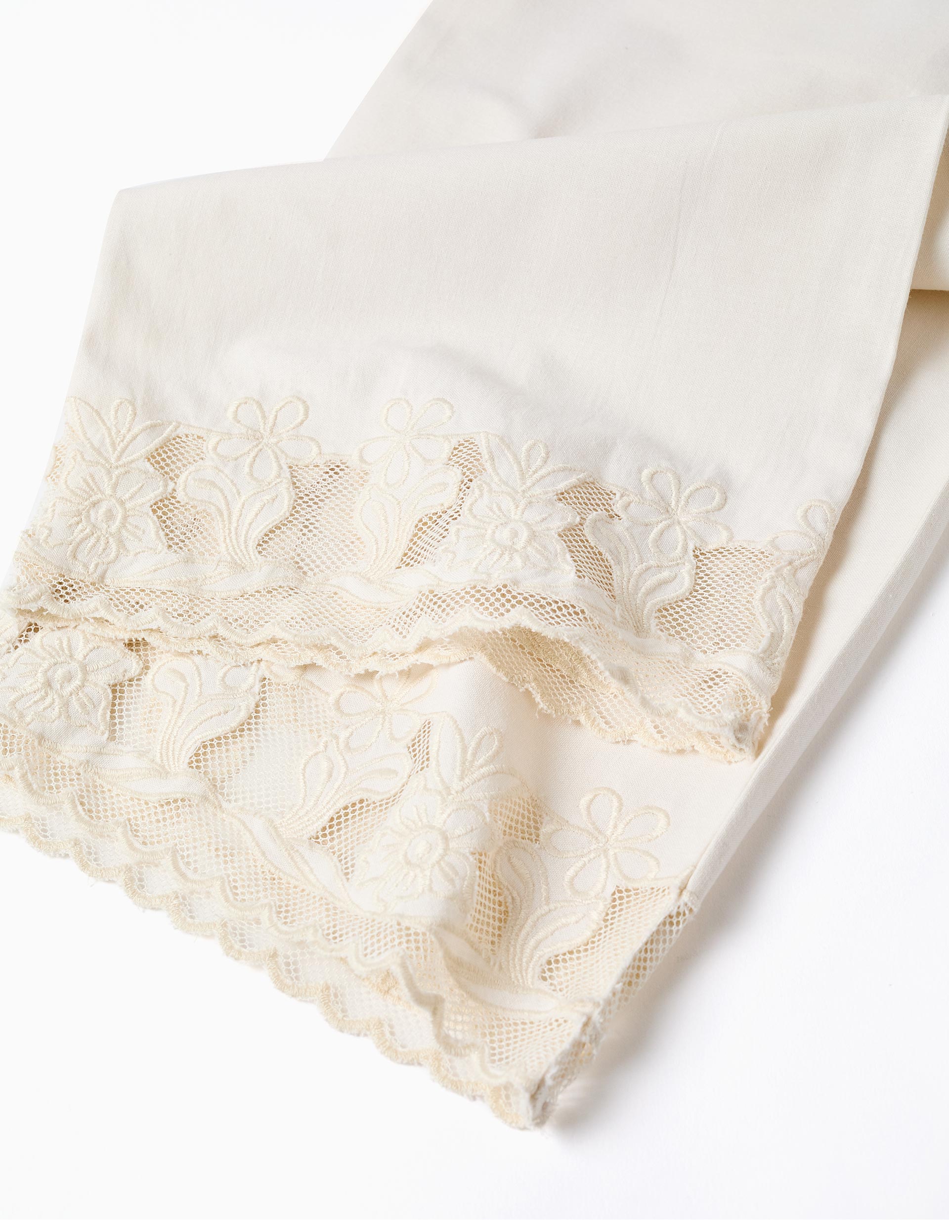 Calças de algodão wide leg com flores bordadas para menina, branco