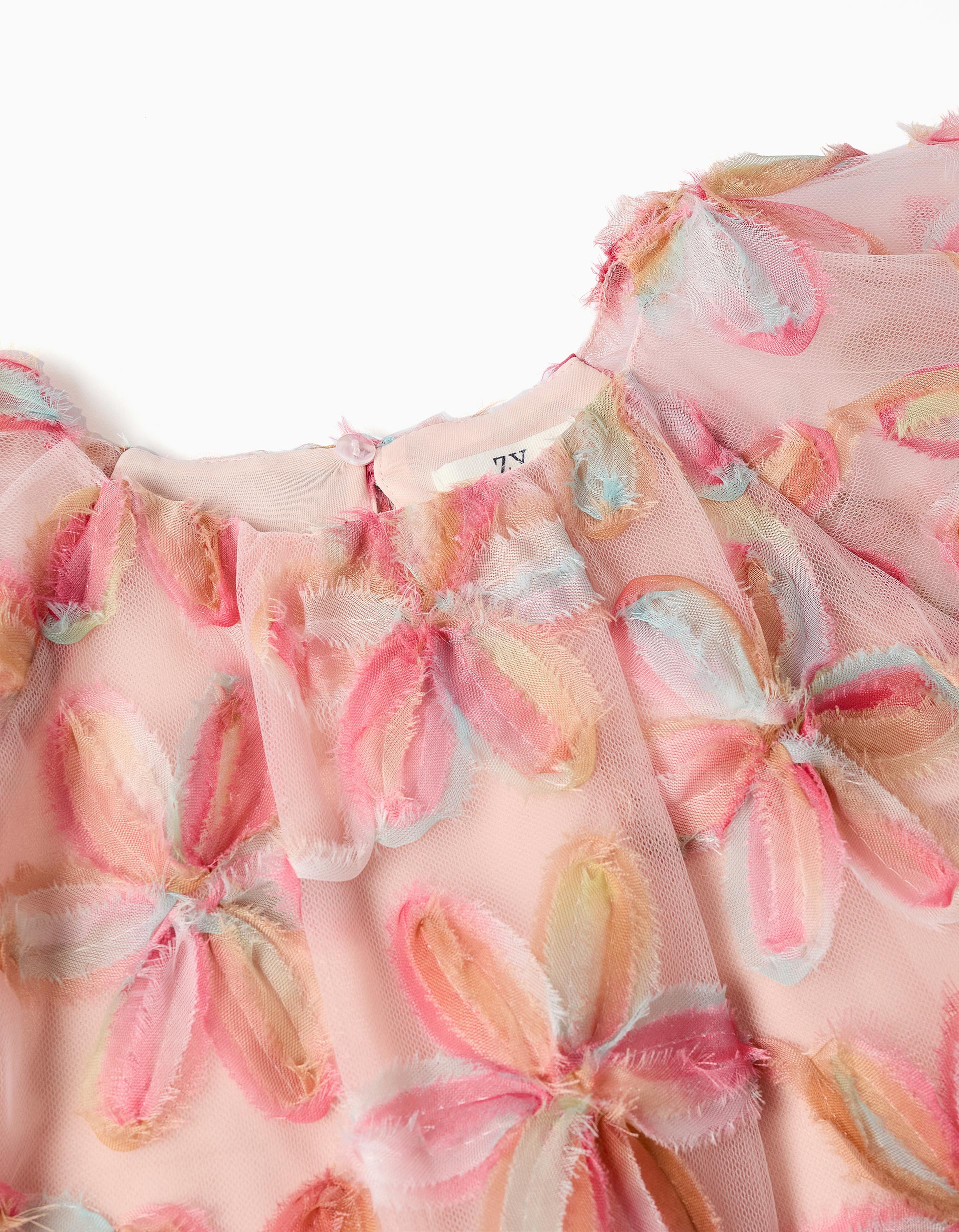 Short sleeve tulle dress with 3D flowers for girls, light pink