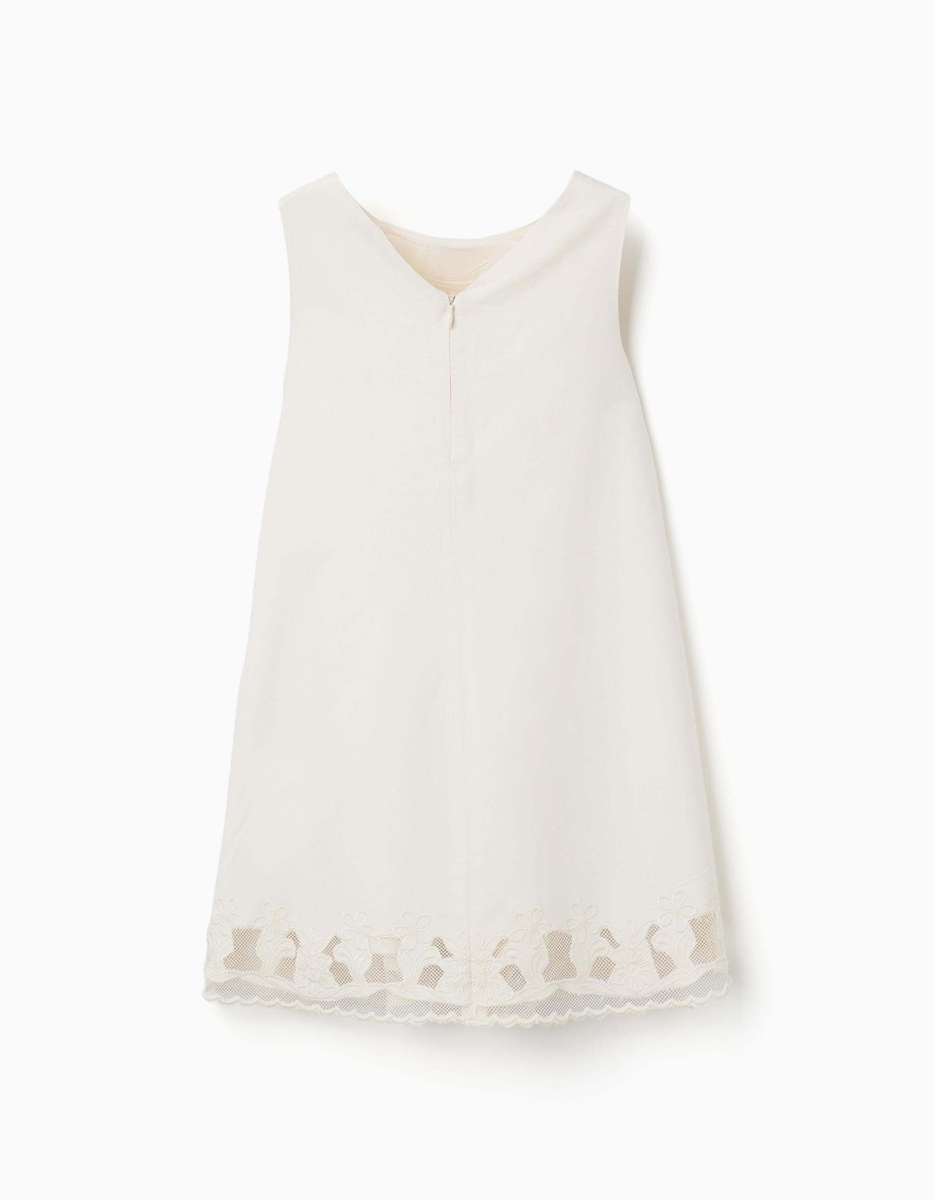 A-line sleeveless dress with embroidered flowers for girls, white