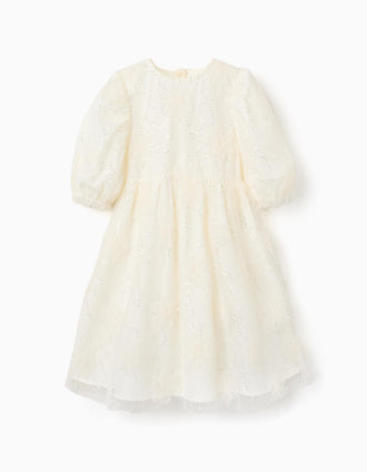 Vestido con mangas abullonadas y flores 3D para niña, blanco