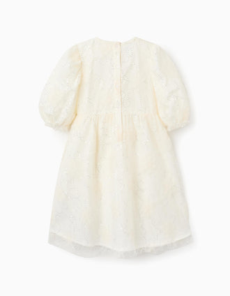 Vestido con mangas abullonadas y flores 3D para niña, blanco