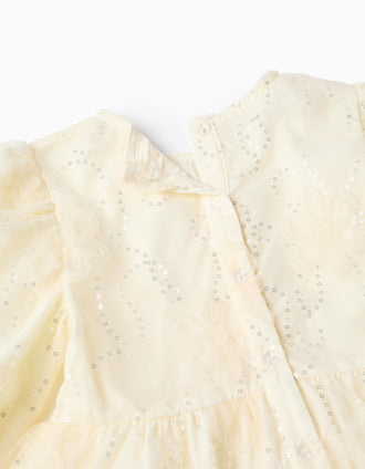 Vestido con mangas abullonadas y flores 3D para niña, blanco