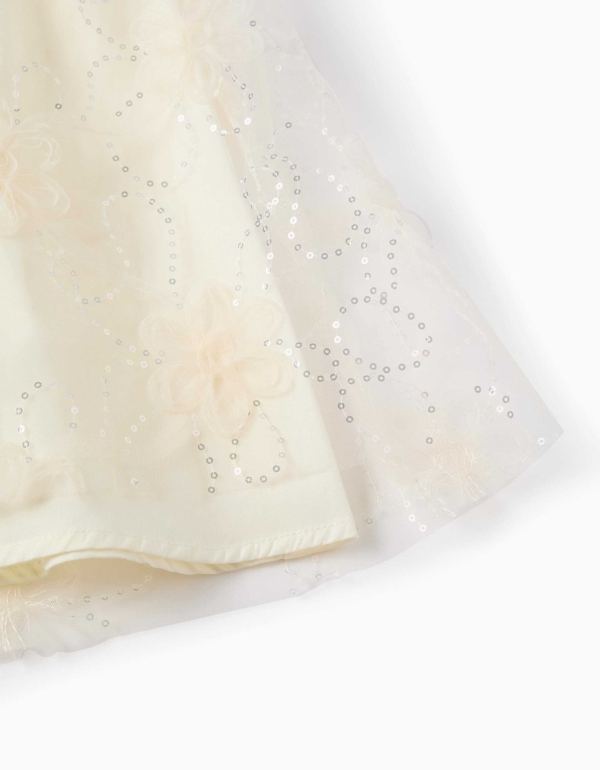 Vestido con mangas abullonadas y flores 3D para niña, blanco