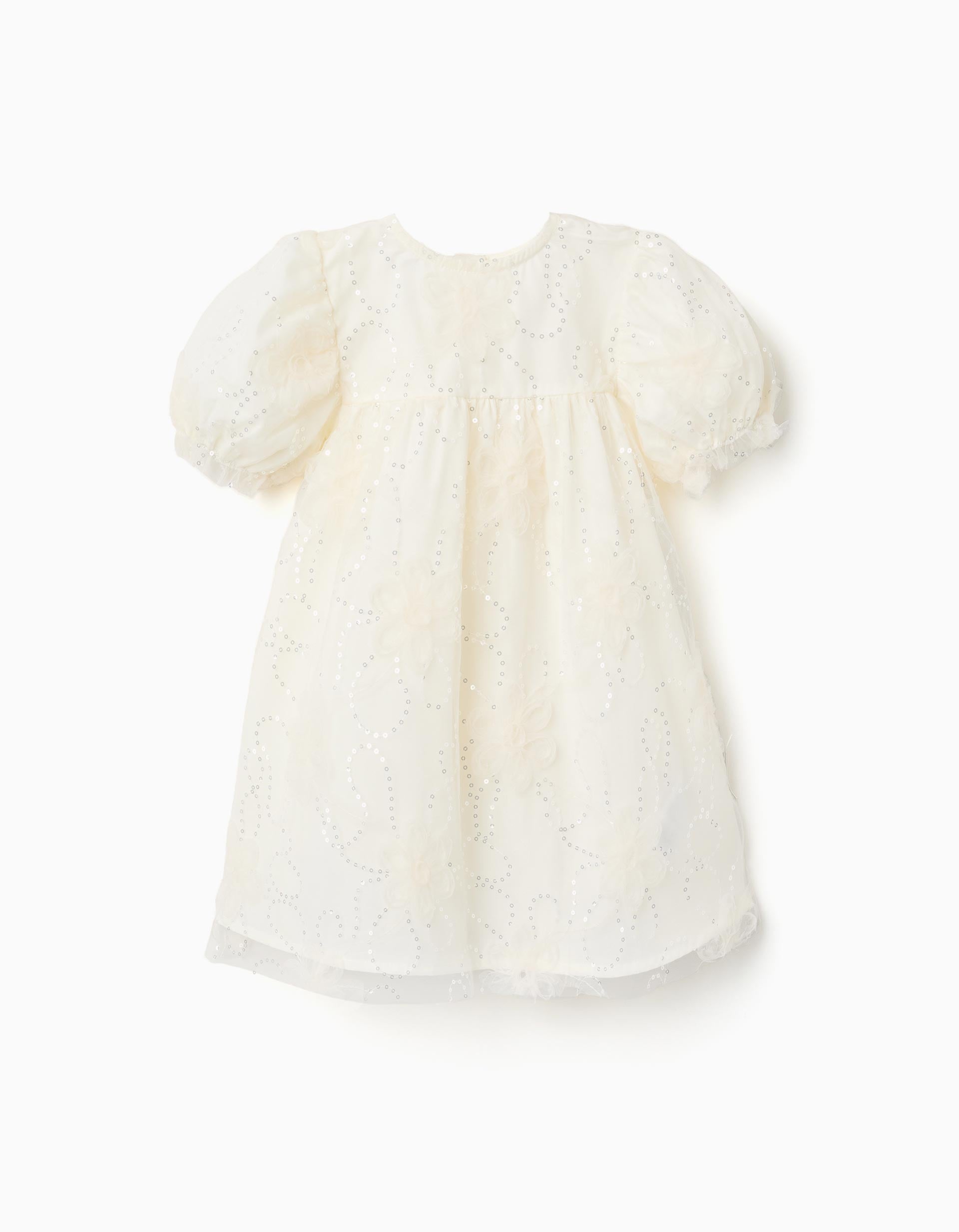Vestido con mangas abullonadas y flores 3D para bebé niña, blanco
