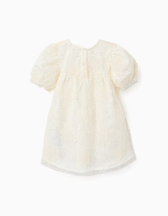 Vestido con mangas abullonadas y flores 3D para bebé niña, blanco