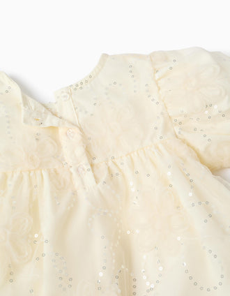 Vestido con mangas abullonadas y flores 3D para bebé niña, blanco