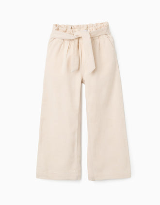 Pantalones de algodón dobby con cinturón para niña, beige claro