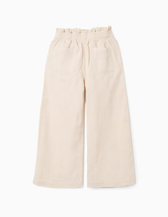 Pantalones de algodón dobby con cinturón para niña, beige claro