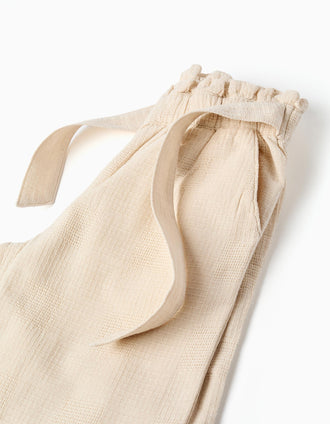 Pantalones de algodón dobby con cinturón para niña, beige claro
