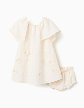 Vestido con aplique floral para recién nacida y bebé, beige