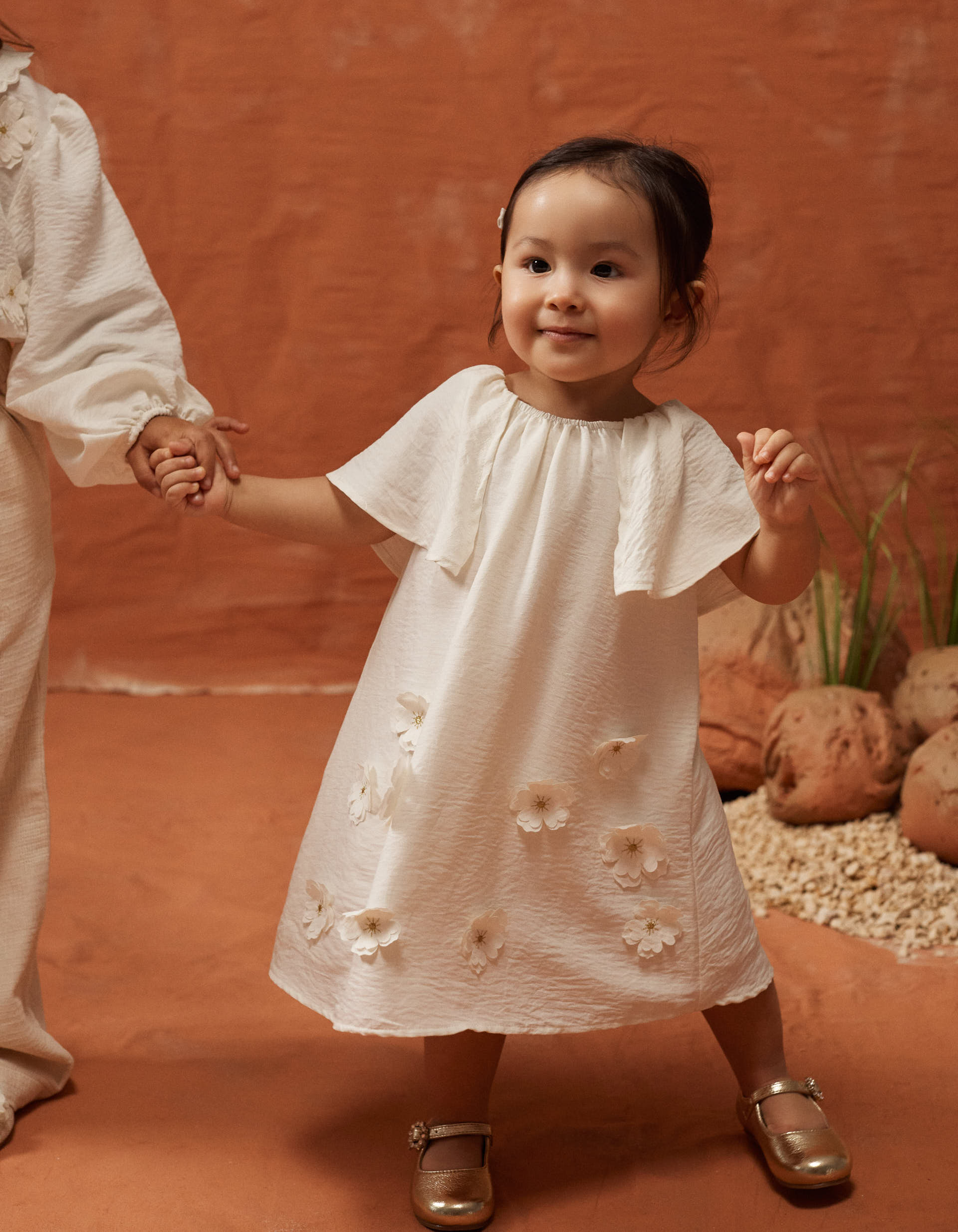 Dress with floral appliqué + bloomers for newborn and baby girls, beige