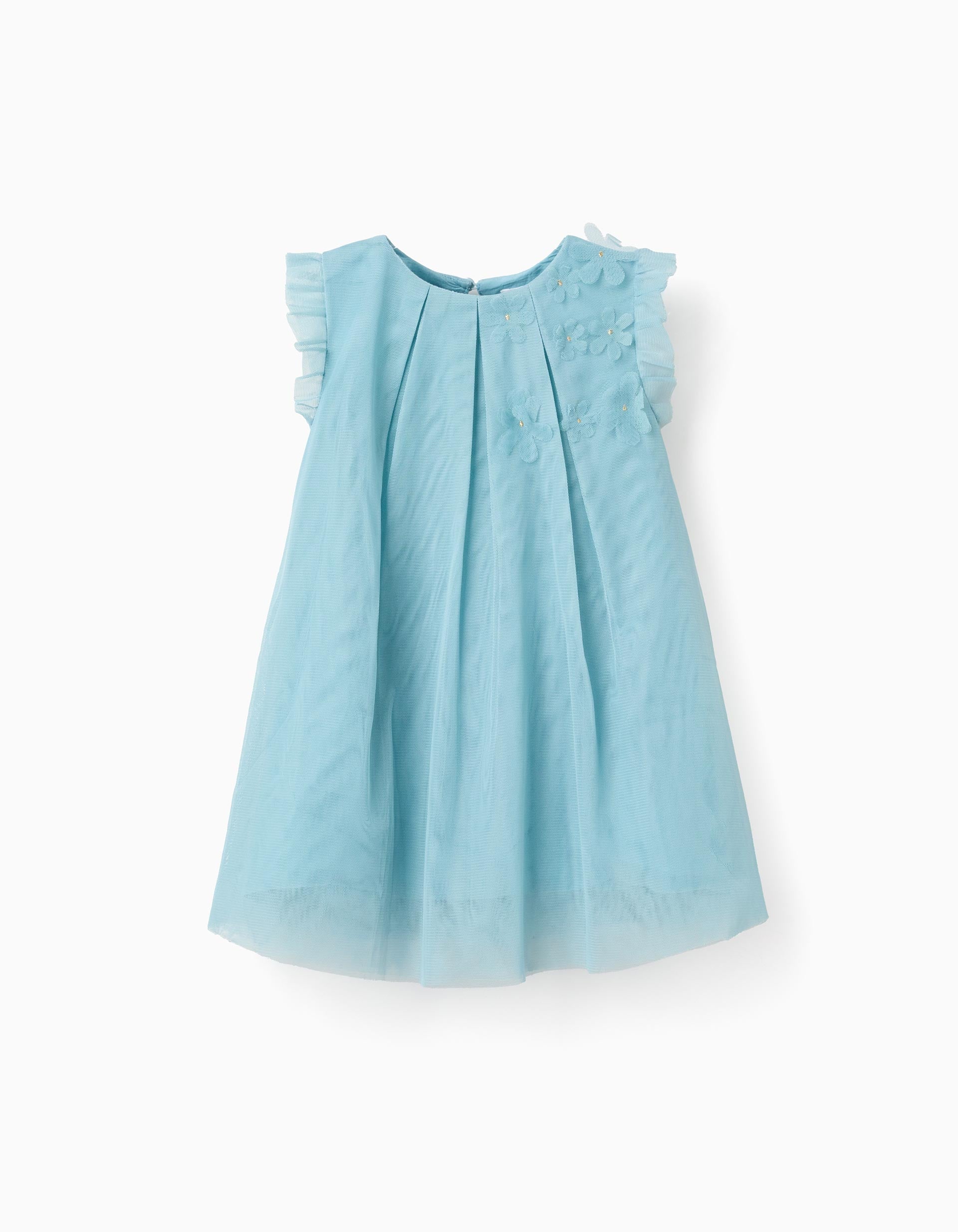 Vestido de tul sin mangas con volantes y flores para bebé niña, azul