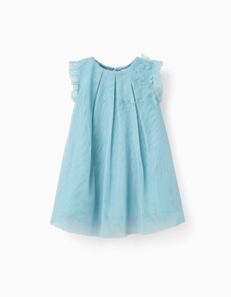 Sleeveless tulle dress with ruffles and flowers for baby girls, blue