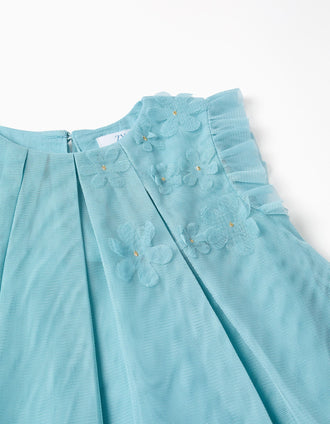 Sleeveless tulle dress with ruffles and flowers for baby girls, blue
