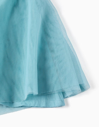 Sleeveless tulle dress with ruffles and flowers for baby girls, blue