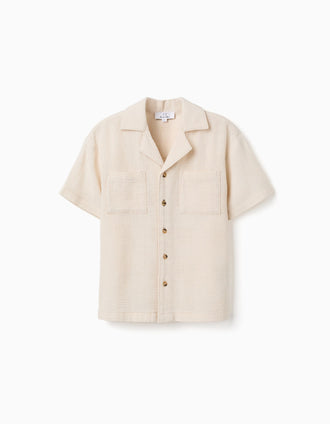 Cotton short sleeve shirt with chest pockets for boys, light beige