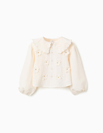 Blouse with balloon sleeves and floral appliqué for girls, light beige