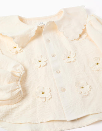 Blouse with balloon sleeves and floral appliqué for girls, light beige