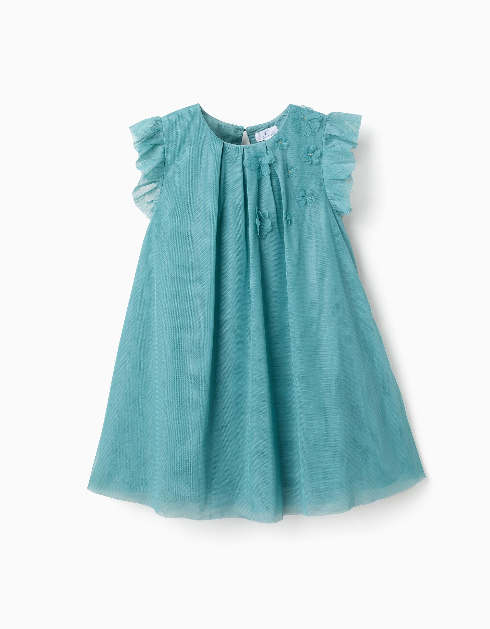 Sleeveless tulle dress with ruffles and flowers for girls, blue