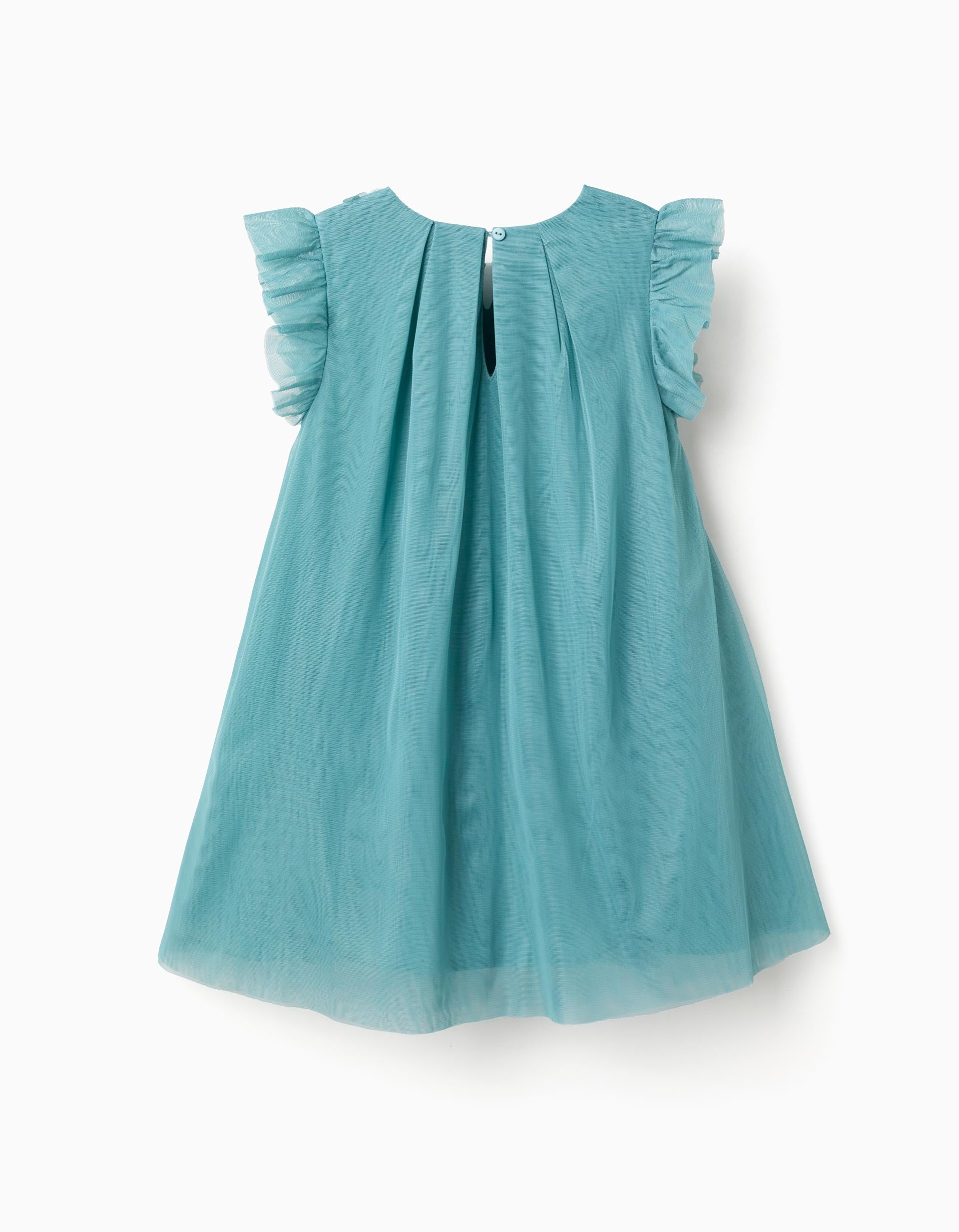 Sleeveless tulle dress with ruffles and flowers for girls, blue