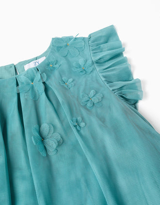 Sleeveless tulle dress with ruffles and flowers for girls, blue