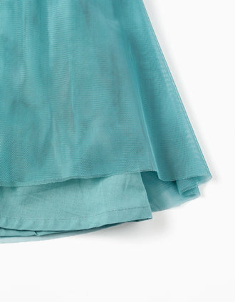 Sleeveless tulle dress with ruffles and flowers for girls, blue