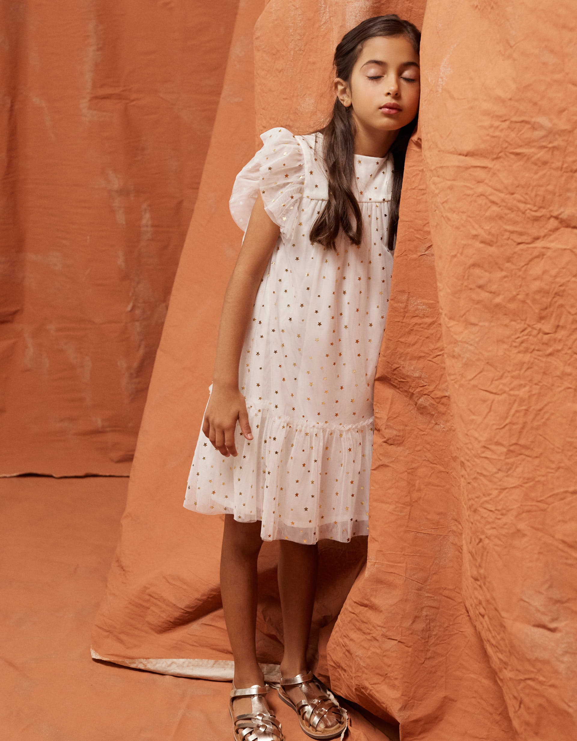 Robe en tulle sans manches avec volants et étoiles pour fille, blanc