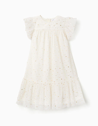 Sleeveless tulle dress with ruffles and stars for girls, white