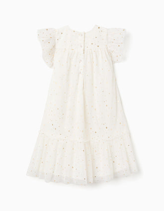 Sleeveless tulle dress with ruffles and stars for girls, white