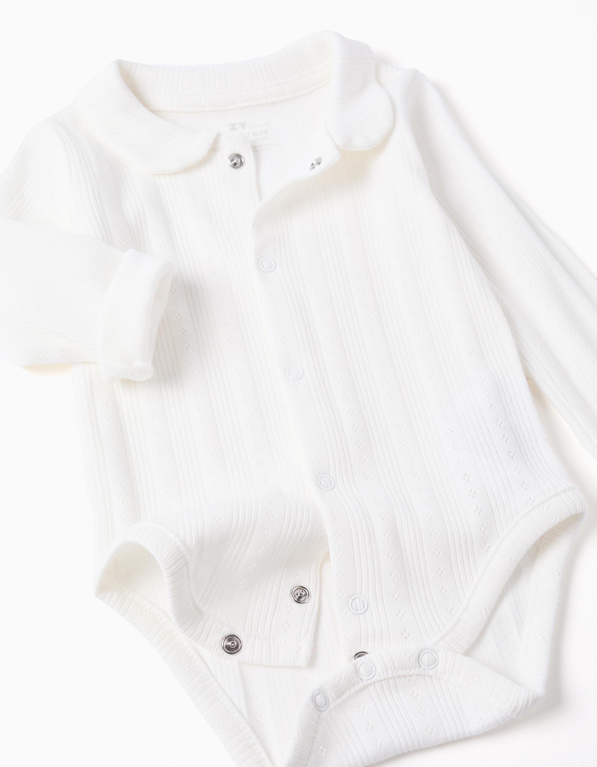 Body de manga larga de algodón acanalado para recién nacidos, blanco