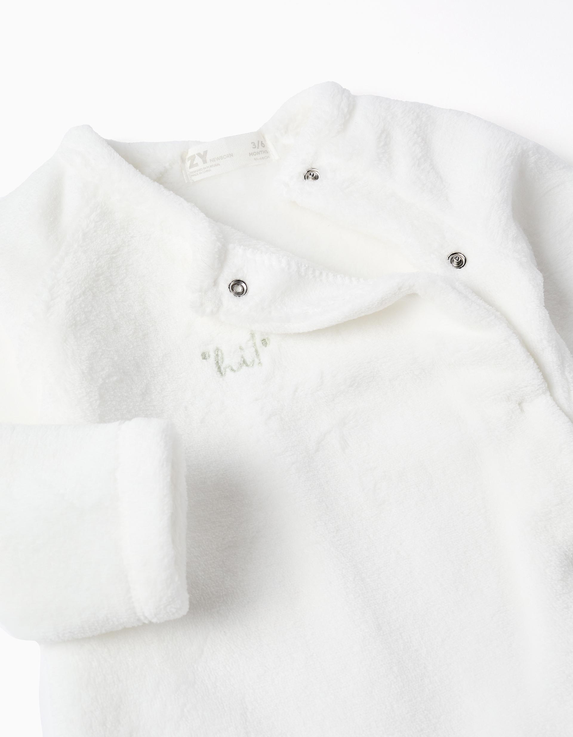 Pelele de felpa coral con bordado en el pecho para recién nacidos, blanco