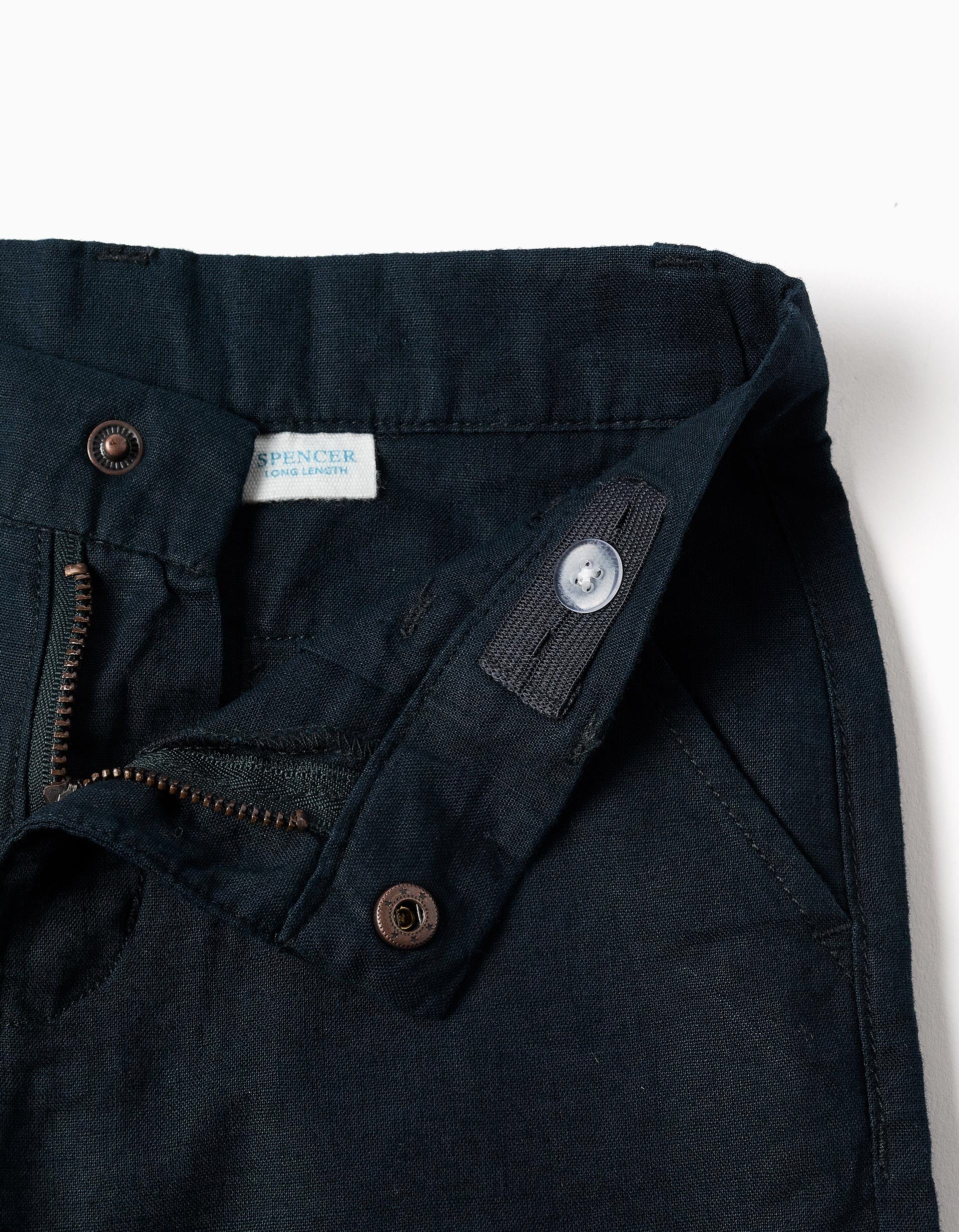 Calções chino compridos em linho e algodão para menino, azul-escuro