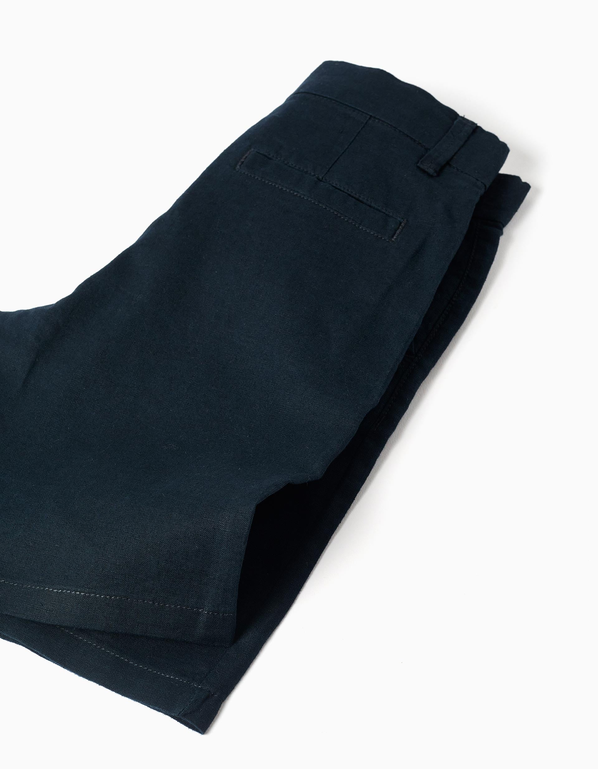 Calções chino compridos em linho e algodão para menino, azul-escuro