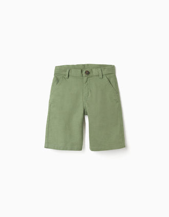 Calções chino compridos em linho e algodão para menino, verde