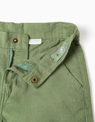 Calções chino compridos em linho e algodão para menino, verde