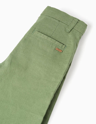 Calções chino compridos em linho e algodão para menino, verde