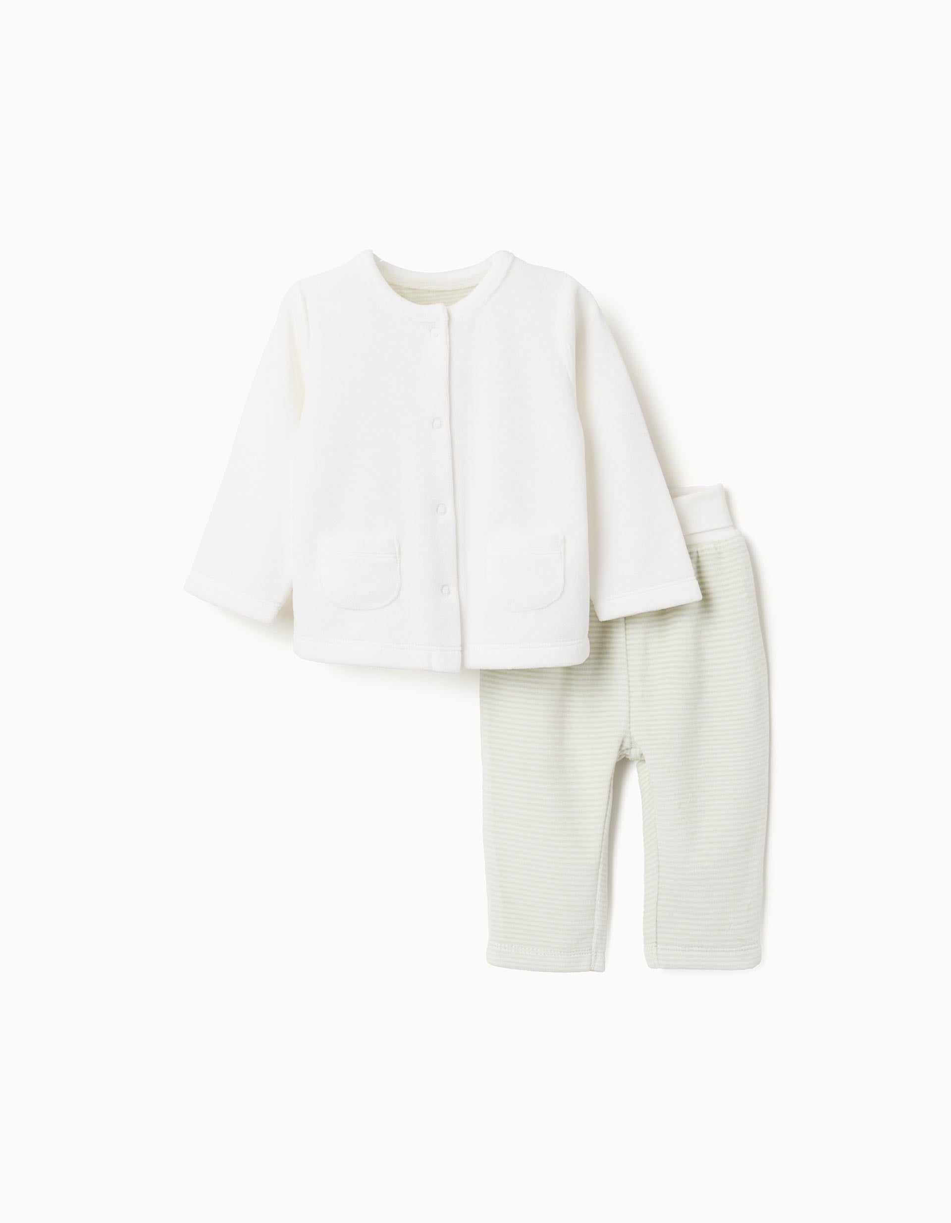 Sudadera + pantalón de terciopelo para recién nacido, blanco/verde
