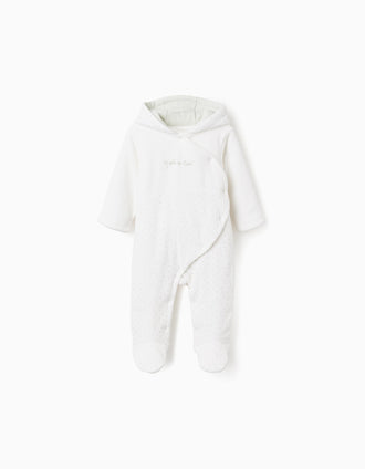 Babygrow de veludo acolchoado com capuz para recém-nascidos, branco