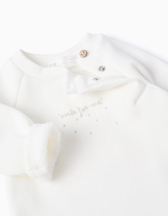 Sweat + calças com forro polar térmico para recém-nascido, branco
