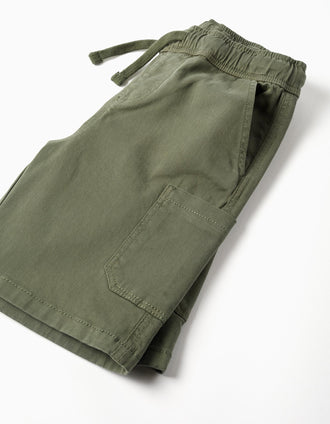 Bermudas largas cargo de sarga con cordón para niño, verde oscuro