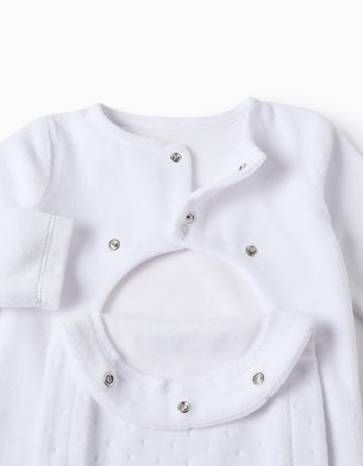 Velvet babygrow with fully front opening for newborns, white