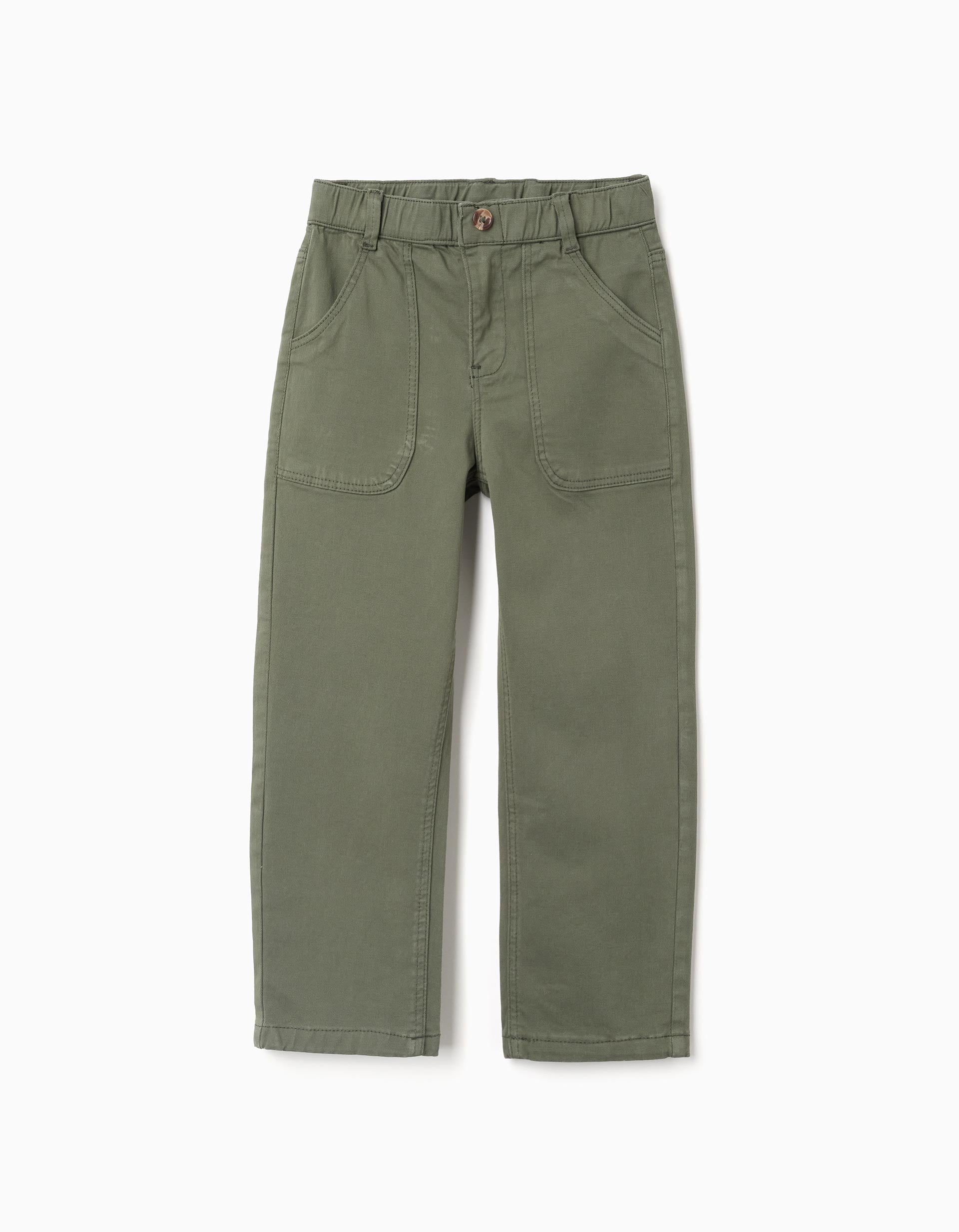 Pantalón baggy de sarga con bolsillos para niño, verde oscuro