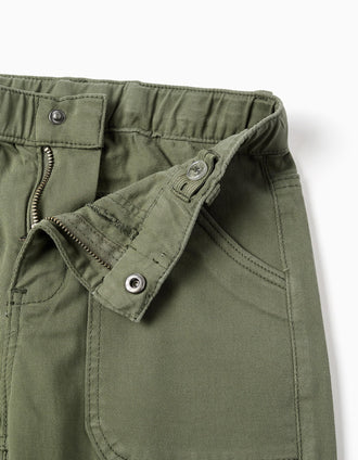 Calças baggy de sarja com bolsos para menino, verde-escuro