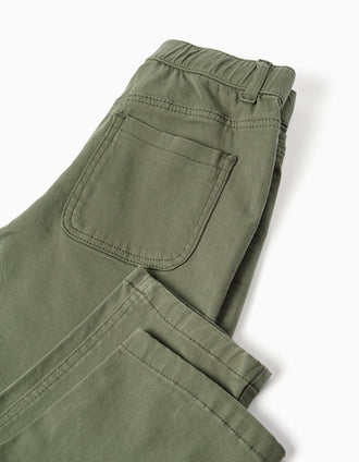 Calças baggy de sarja com bolsos para menino, verde-escuro