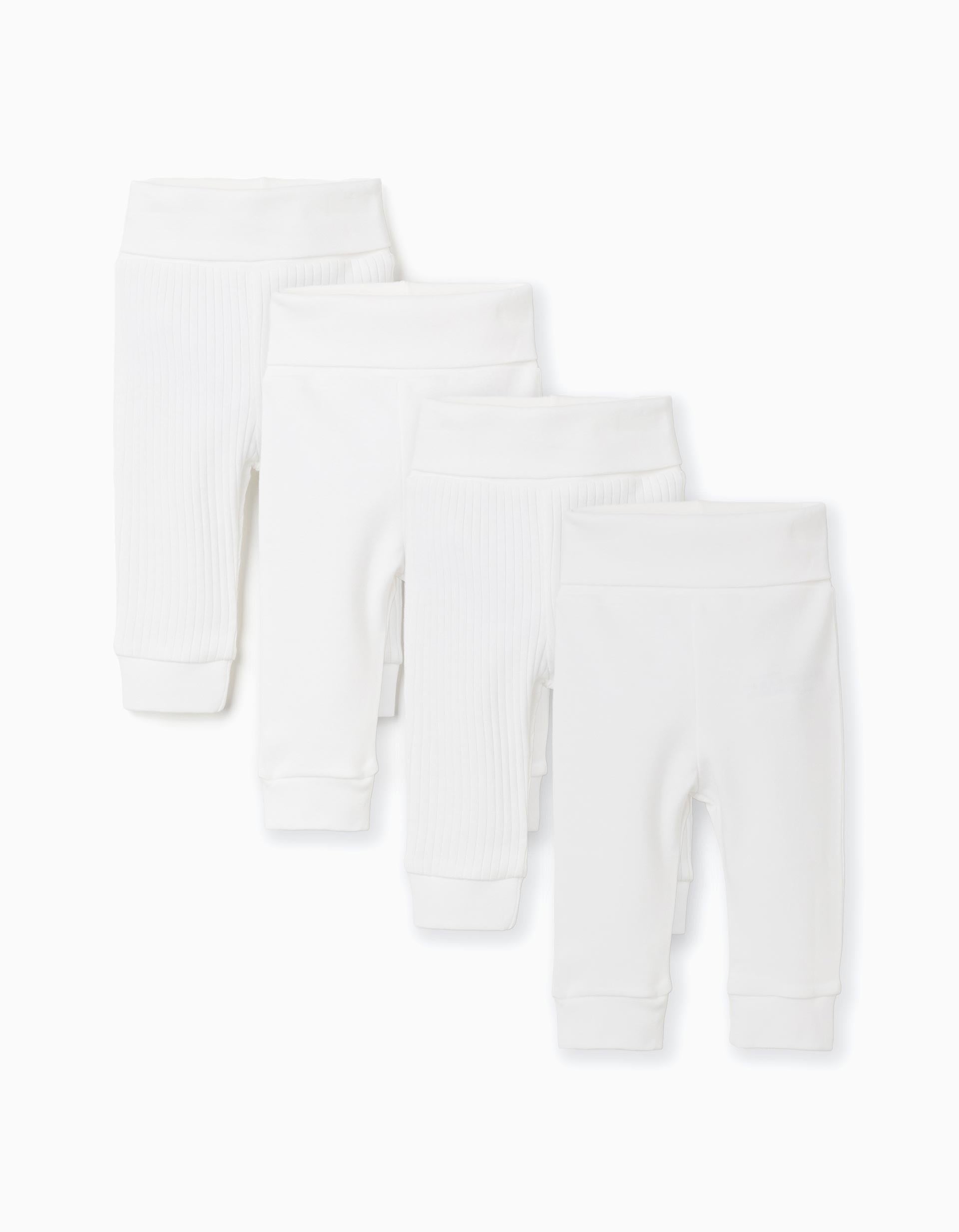4 pantalones lisos/acanalados de algodón para recién nacidos, blanco