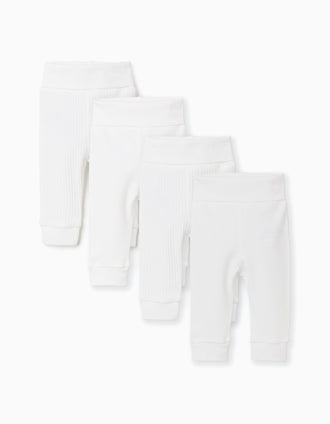 Pack de 4 calças lisas/caneladas de algodão para recém-nascidos, branco