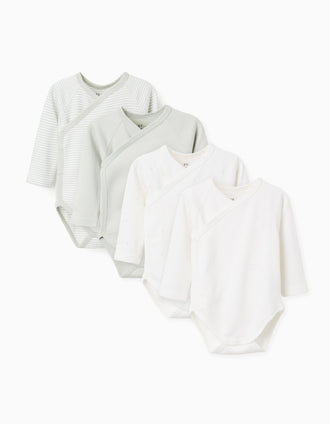 Pack de 4 bodies em trespasse de algodão para recém-nascido, branco/verde