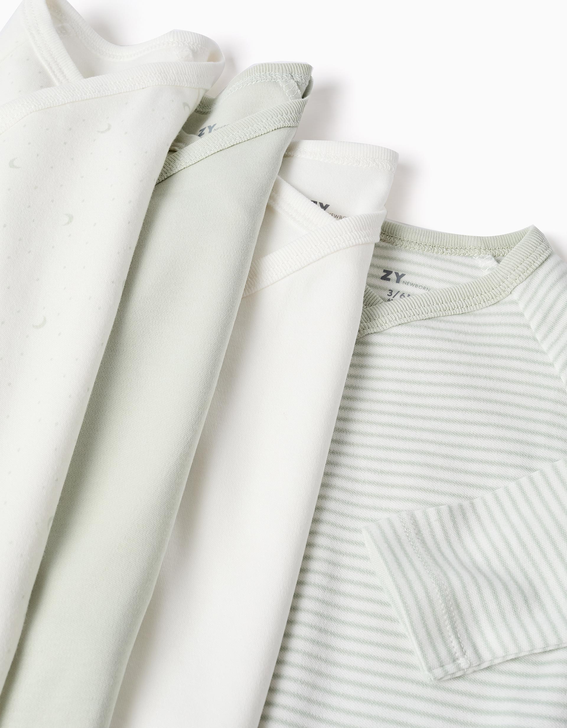 Pack de 4 bodies de algodón cruzados para recién nacido, blanco/verde