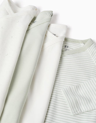 Pack de 4 bodies em trespasse de algodão para recém-nascido, branco/verde